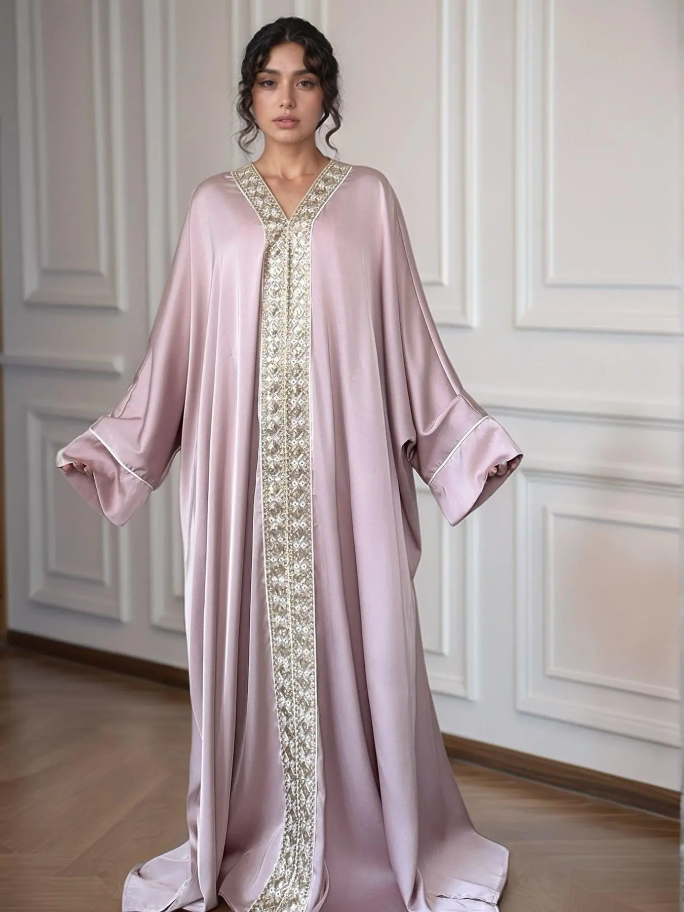 Embroidered Lace Trim Loose Fit Embellished Open Abaya Kimono Style Satin Modest Muslim Dress Islamic Modesty Clothes Loose Abayas