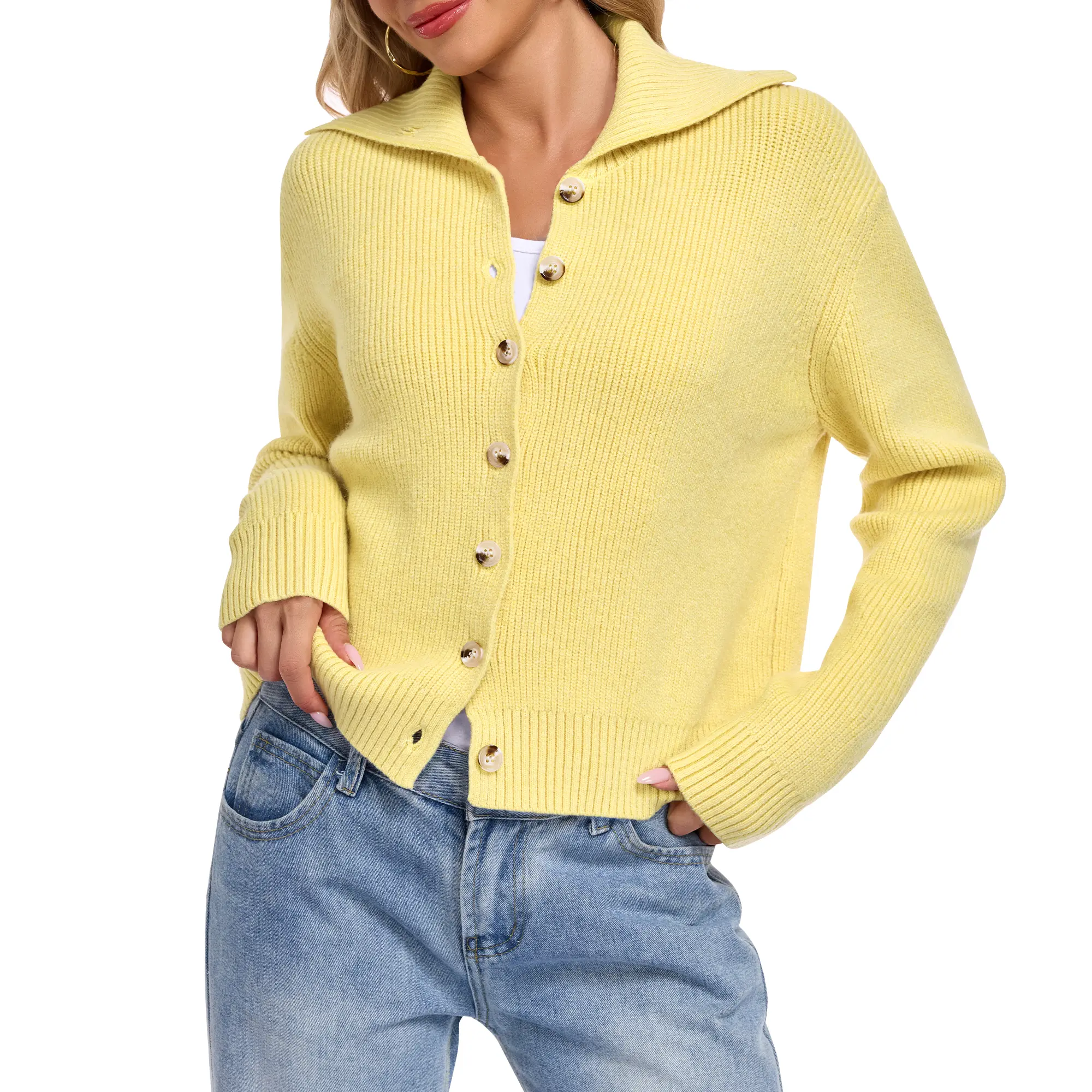 AUSELILY Women's Lapel Collar Cardigan Sweater Button Down Knit Long Sleeve Cozy Sweater for Fall Winter 2026