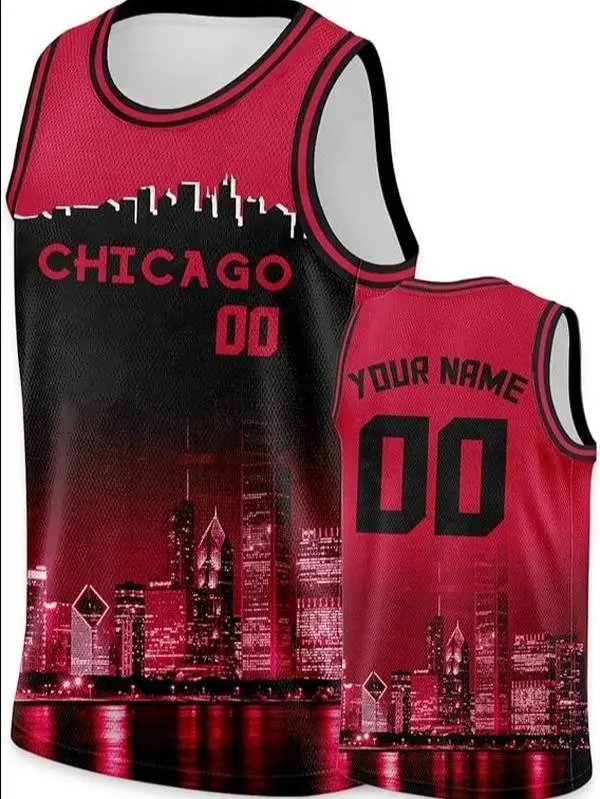 Custom Basketball Jersey Chic4go City Night Skyline Shirt - Add Your Name and Number - Team Uniform Gift for Men Women Youth