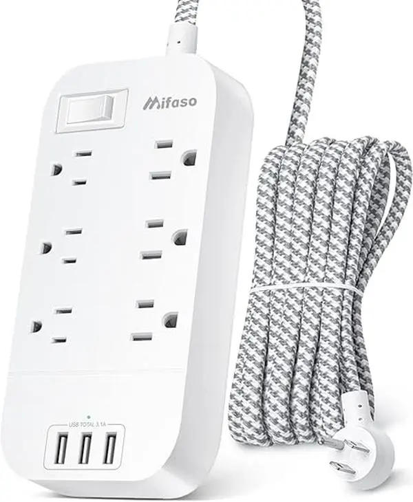 Extension Cord 10 FT, Long Flat Plug Power Strip, 6 Outlets 3 USB A Ports Outlet Extender, Wall Mount, Desktop Charging Station for Home, Office and Dorm Essential