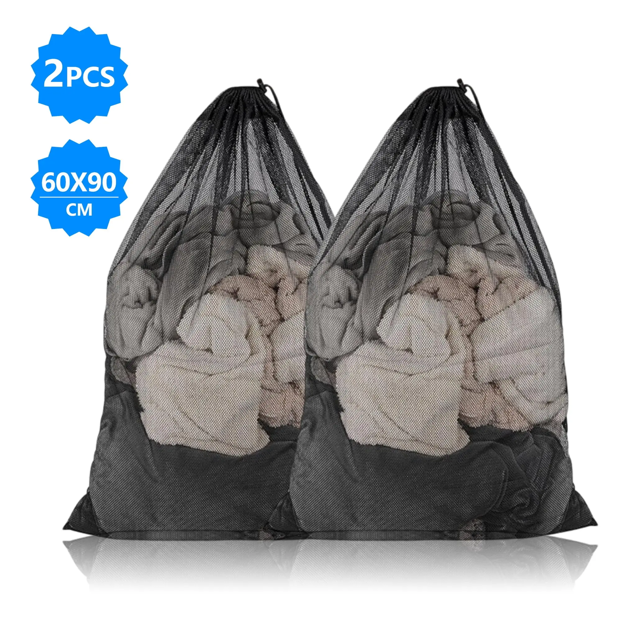 Heavy-Duty Breathable Mesh Laundry Organizer Bags, 2-Pack 23x34in Drawstring Laundry Accessories for College Dorms, Black