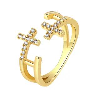 Women's Double Cross Ring: Adjustable Open Cubic Zirconia Stackable Ring, Religious Faith Christian Jewelry summerwins,summerwins
