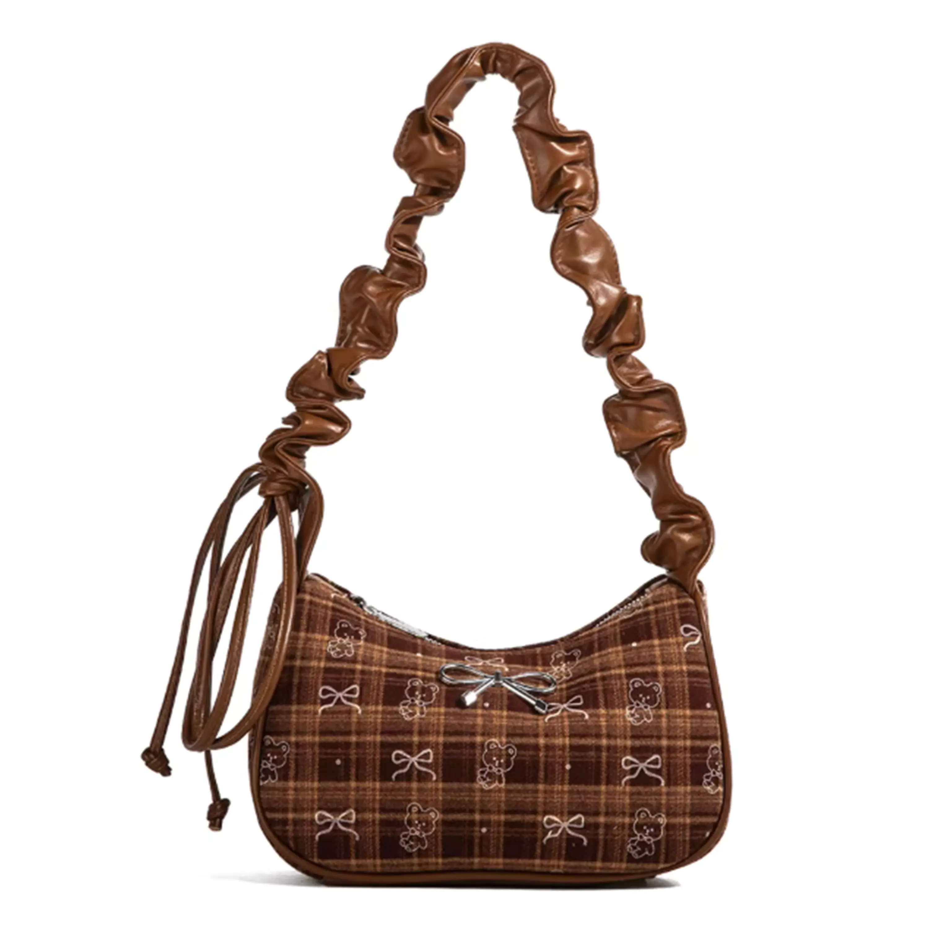 Women’s five-season home bag — Y2K coquette plaid shoulder/underarm purse with cute bear bow print, ruched scrunchie strap; handbag for fall/winter; crossbody bags for women Casual Fashion Bag Casual Messenger Bags