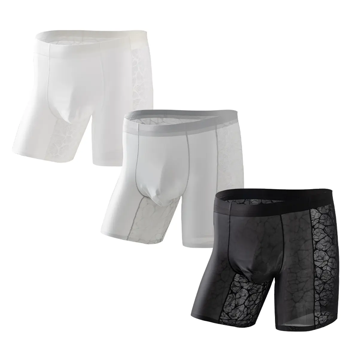 NEXFORMX Men's Extended Leg Lace Mesh Boxer Briefs Ultra Soft Summer Lightweight Breathable Underwear with Camellia Fragrance and No Ride Up Long Legs