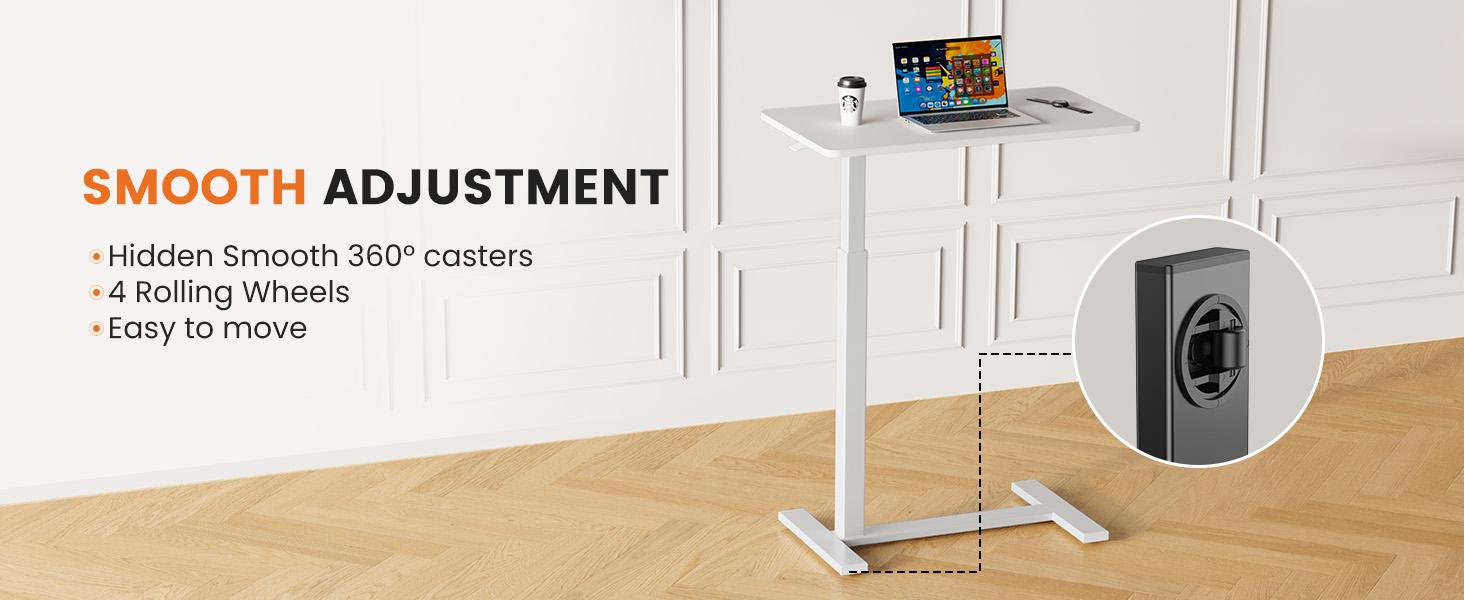 Overbed Bedside Table with Wheels, Mobile Standing Stand Up Rolling Laptop PC, Adjustable Height Tray, Side Computer Workstation for Home Use