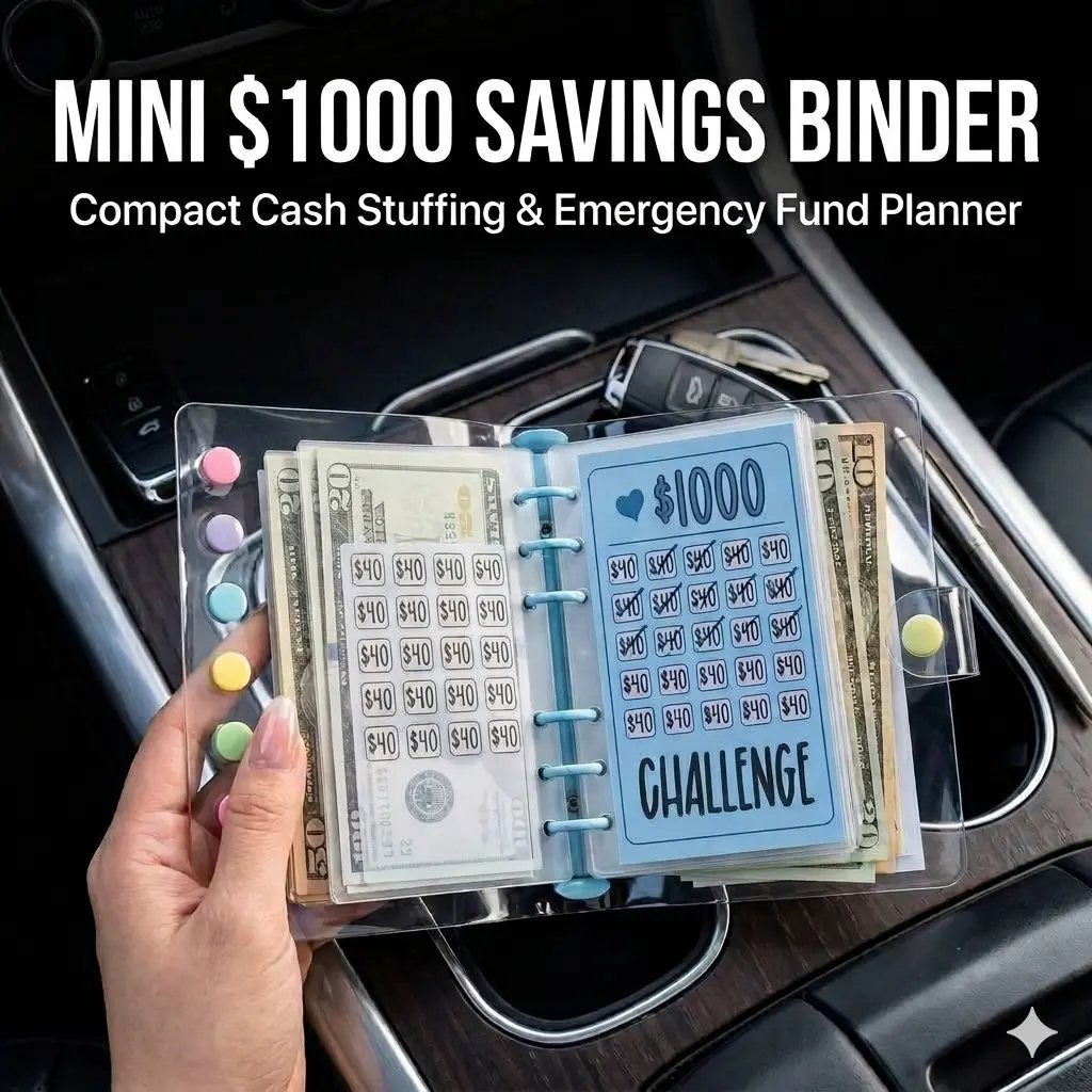 Compact $1000 Savings Challenge Binder - Portable Cash Stuffing Organizer with Clear PVC Cover, 3-Ring Loose Leaf Planner for Emergency Fund, Truck & Tool Budget