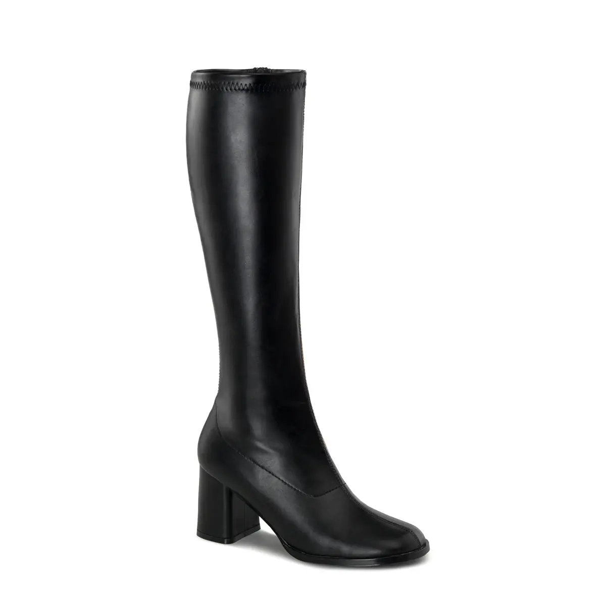 Retro Gogo Knee-High Footwear, Comfortable 3-Inch Chunky Heel, Stretch Leather with Full Side Zip for Halloween & Cosplay, Boot, Women, Shoe, Dances, Block, Party, 3 In, Halloween Cos, Man-Made Sole, Comic Conventions, Comfortable Heels, Alt Outfits