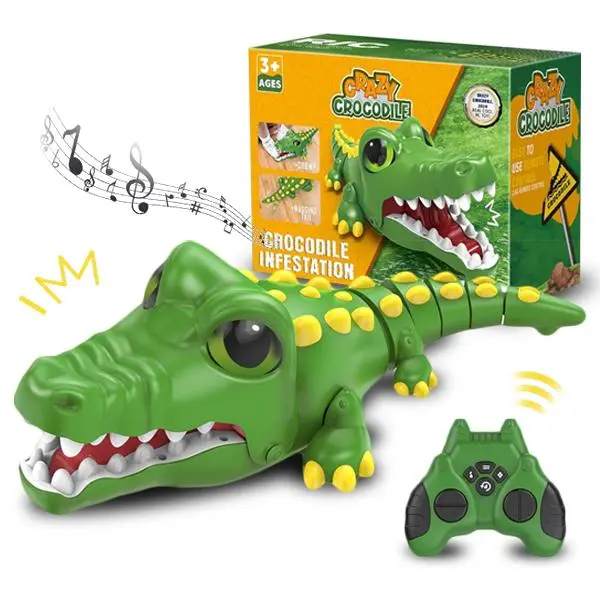 2.4GHz Remote Control Plastic Robotic Crocodile Prank Toy - Rechargeable Unisex Simulated Animal with Realistic Biting Action, Roaring Sound, Detachable Tail, Durable Wheels, Halloween/Birthday Kids Gift Aiding Development, Sound Effects