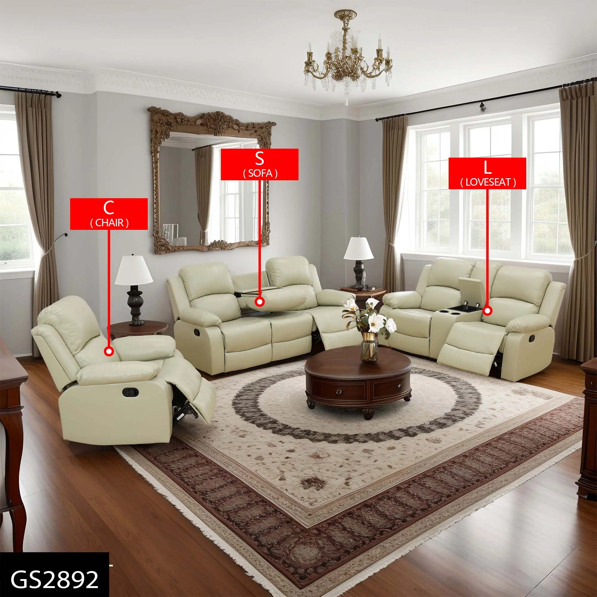 Bonded Leather Recliner Sofa Set Living Room Furniture Sets Modern Manual Reclining Sofa Set Loveseat Couch Chair Set with Cup Holders & Storage Console for Home/Office