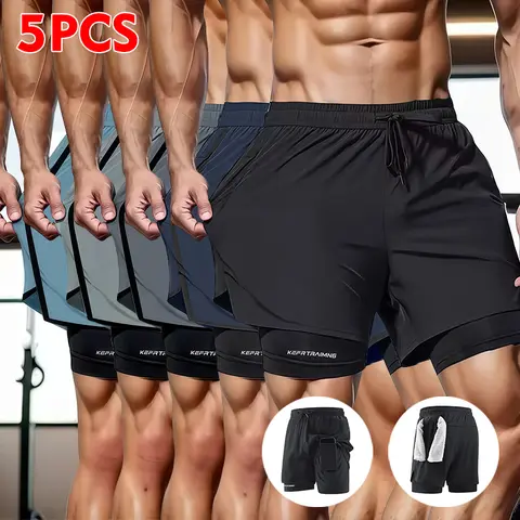 5-Pack Men’s 2‑in‑1 double‑layer fitness shorts with inner pockets, stretchy and breathable, drawstring waist—ideal for summer workouts and running; a men’s summer essential.