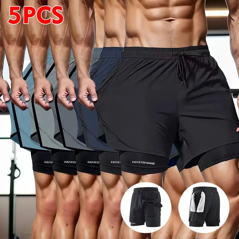5-Pack Men’s 2‑in‑1 double‑layer fitness shorts with inner pockets, stretchy and breathable, drawstring waist—ideal for summer workouts and running; a men’s summer essential.