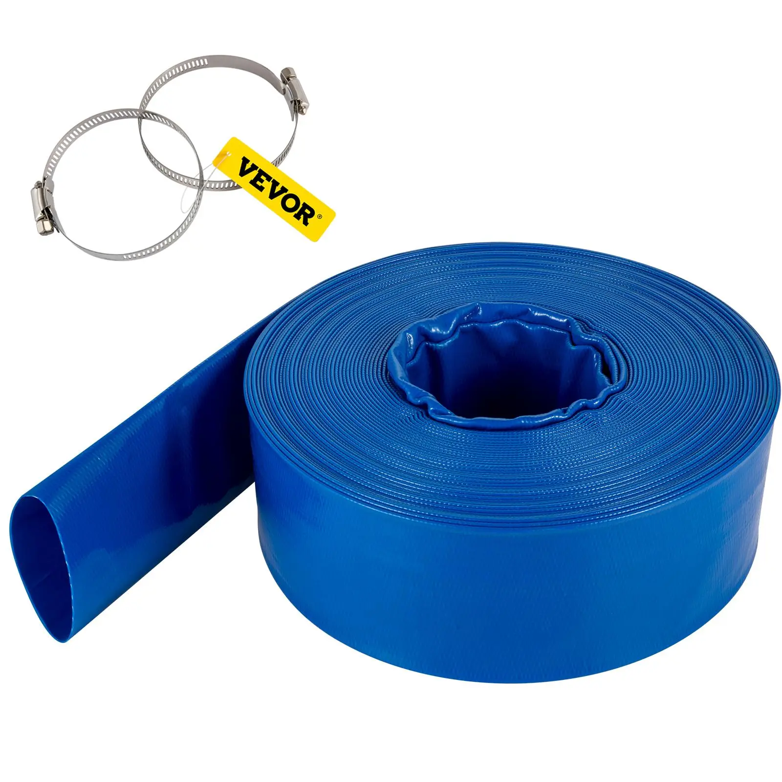 【SummerFinds】VEVOR Discharge Hose, 2" x 105', PVC Fabric Lay Flat Hose, Heavy Duty Backwash Drain Hose with Clamps, Weather-proof & Burst-proof, Ideal for Swimming Pool & Water Transfer, Blue