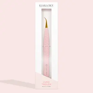 Kiara Sky Curve Tweezer - Ergonomic Gold Tip Pink Diamond Cut Handle Stainless Steel Precision Tool for Classic & Volume Sets