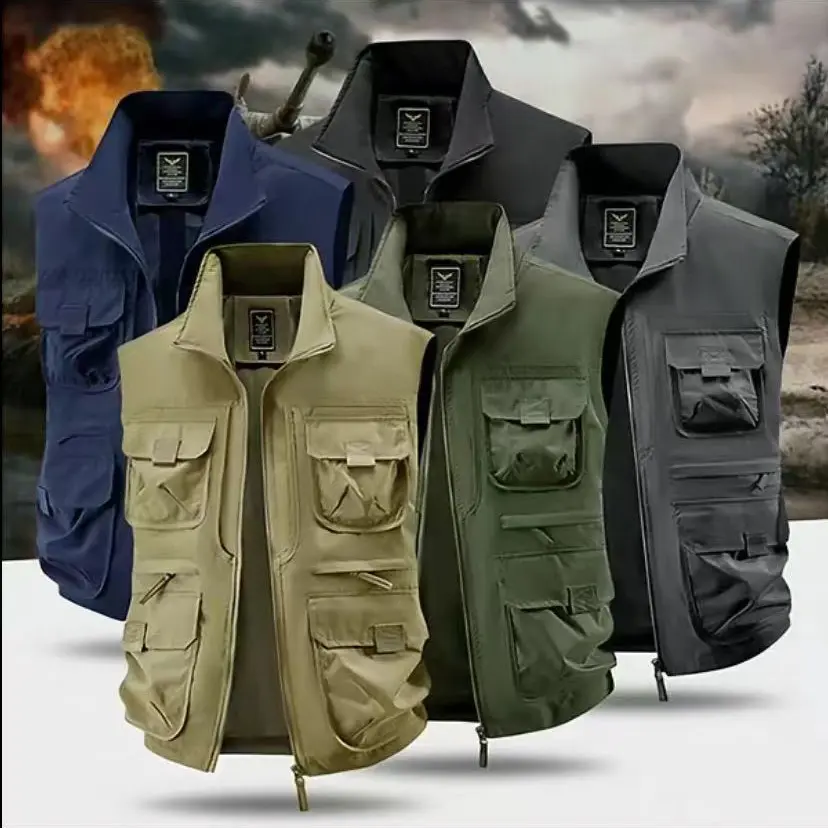 Men's Tactical Vest Jacket, Mesh-Lined Techwear Outerwear, Sleeveless Multi-Pocket Utility Tops with Stand Collar for Outdoor Fishing, Cargo, Casual, Menswear, Plain, Polyester, Coat, Full Zip, Heavyweight