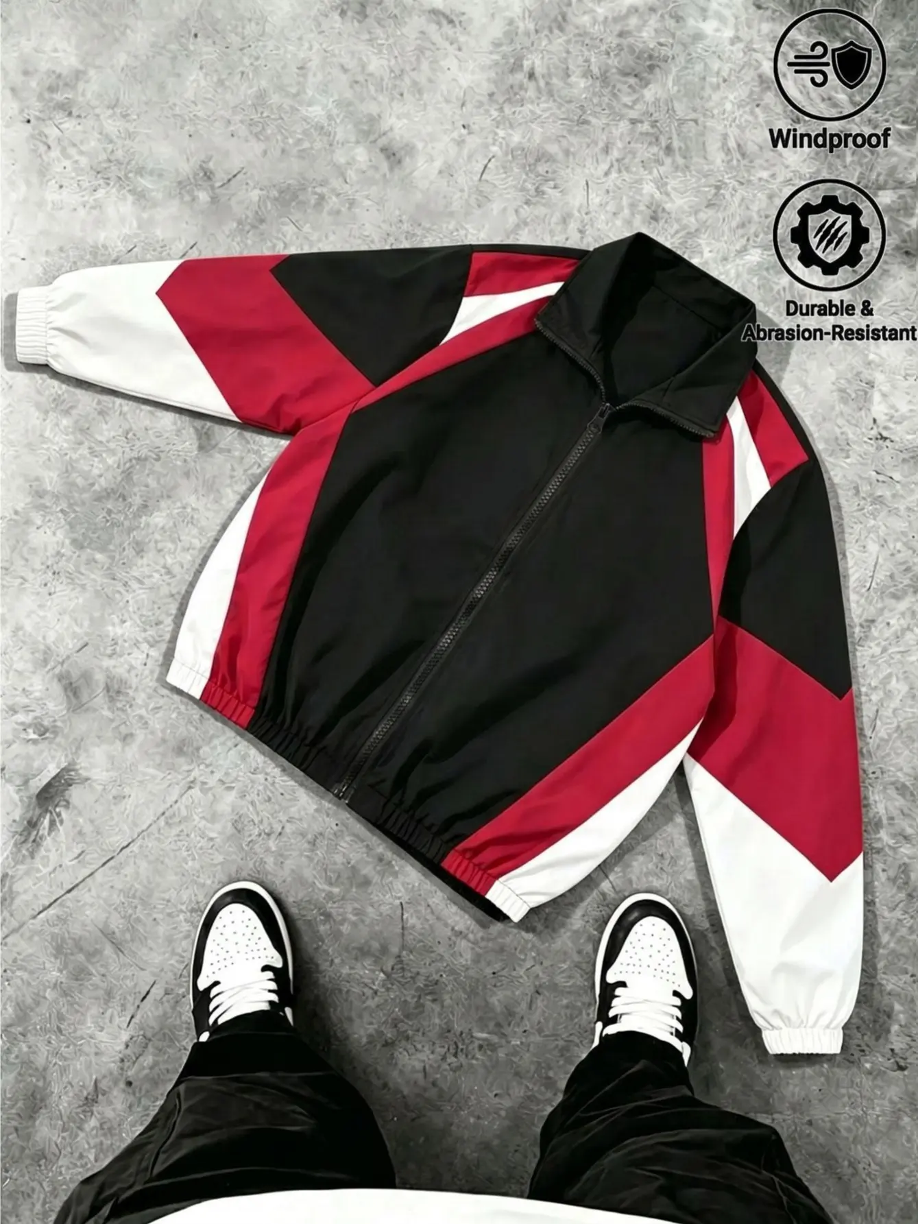Men's Vintage Color Block Windbreaker Jacket, Loose Fit Athletic Top with Stand Collar, All Season Wind-Resistant Outerwear, Menswear, Coats, Tops, Stylish, Elastic Cuff, Long Sleeve, Hem