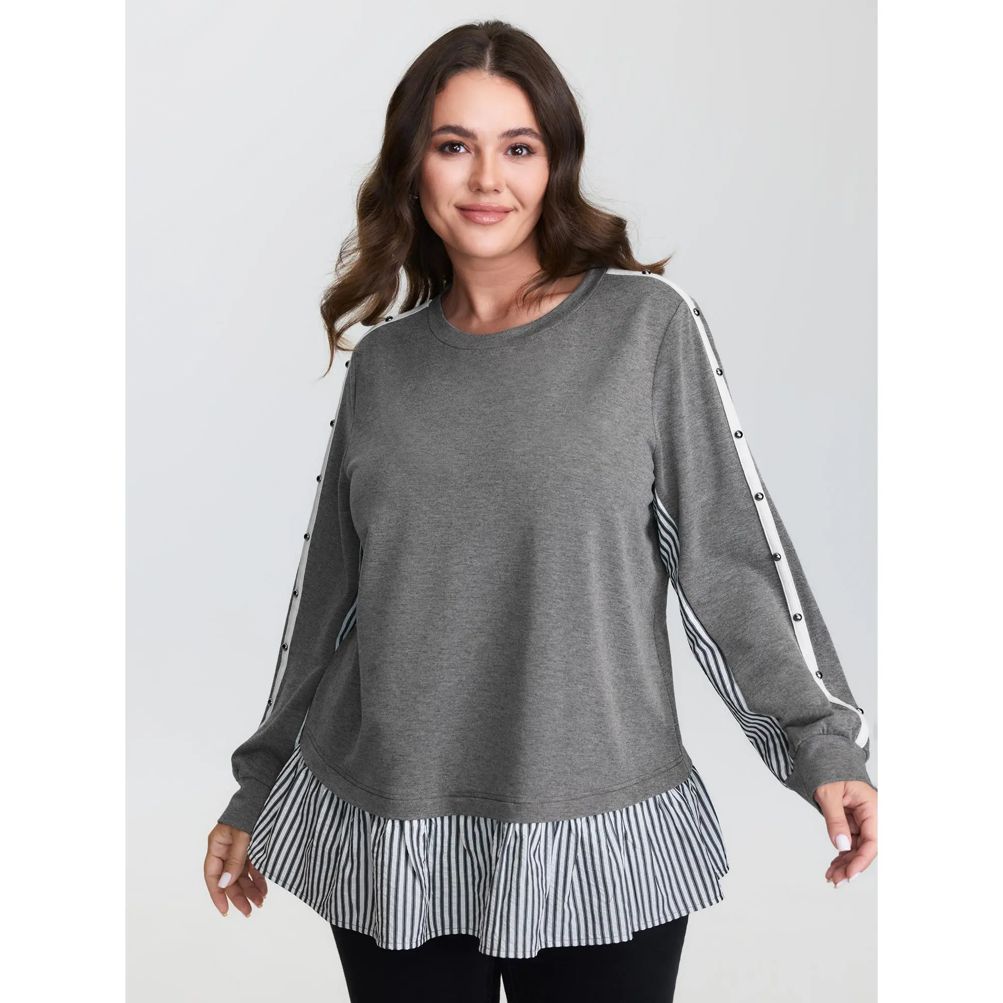 Women's Supersoft Hoodie in a Smooth Polyester Blend, Playful Color Contrast Pullover with Layered Long Sleeves and Rivet Detail