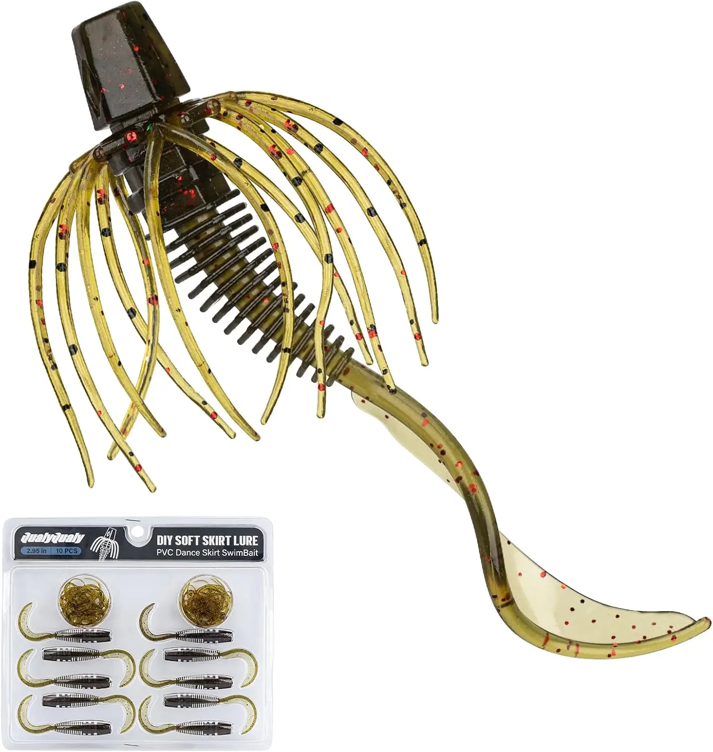 QualyQualy 10pcs per pack 2-in-1 Skirted Grubs with Detachable Skirt, 2.95 inches, Curly Tail, Deep Ribbed Body, Flavor Infused Soft Plastic, Better Hooksets, Durable for Freshwater & Saltwater Bass Fishing, 2-In-1 With Detachable Skirt