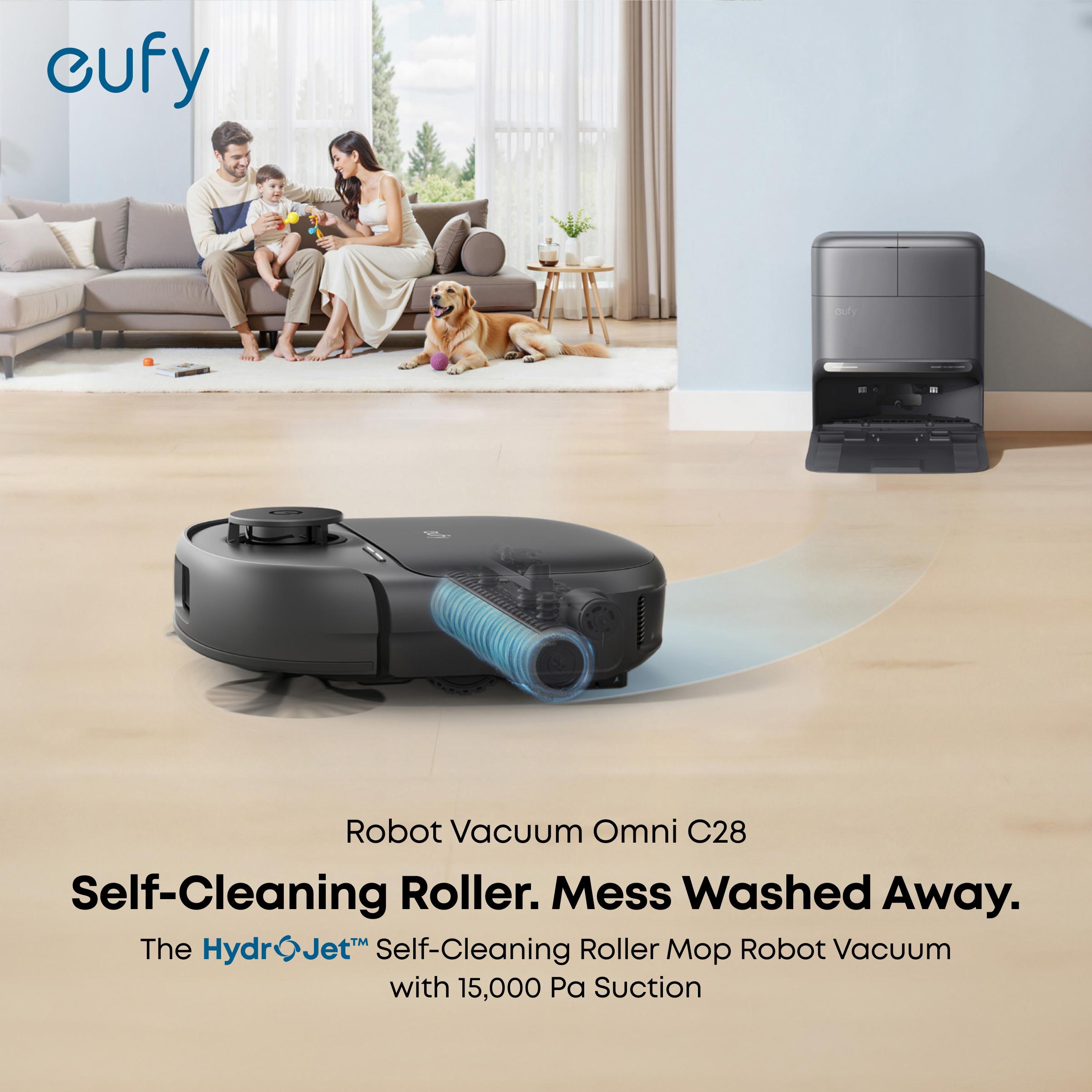 【Upgrade C20】eufy C28 Robot Vacuum and Mop Combo, HydroJet Self-Cleaning Roller Mop, DuoSpiral Detangle Brush, 15,000 Pa Turbo High Suction, 5-in-1 Robot Vacuum and AI Obstacle Avoidance