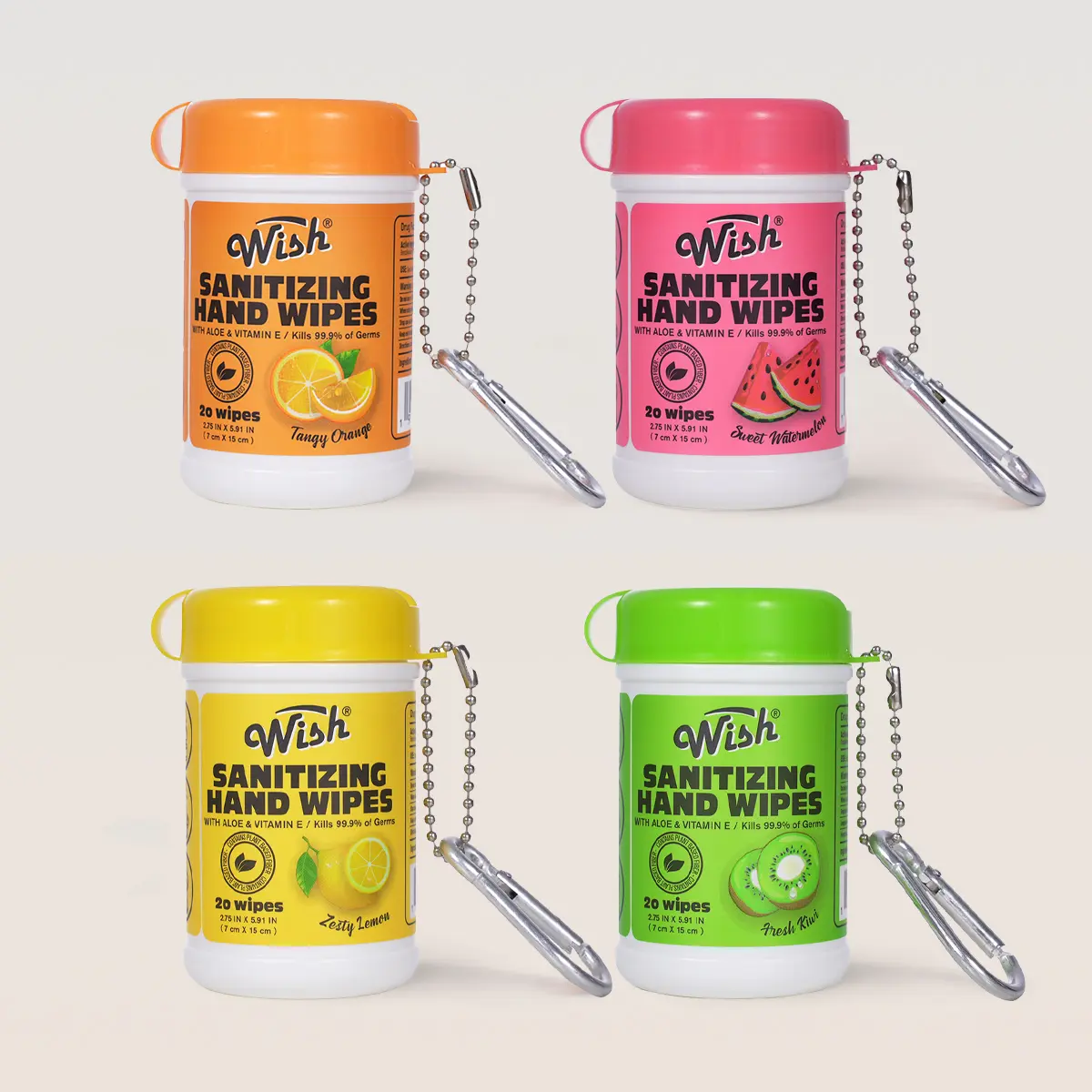 Wish Portable Sanitizing Hand Wipes | 4-Scent Variety Pack | Travel Wet WipesTravel Size Sanitizing Wipes - Fruity Fresh 4-Pack (20ct each)	