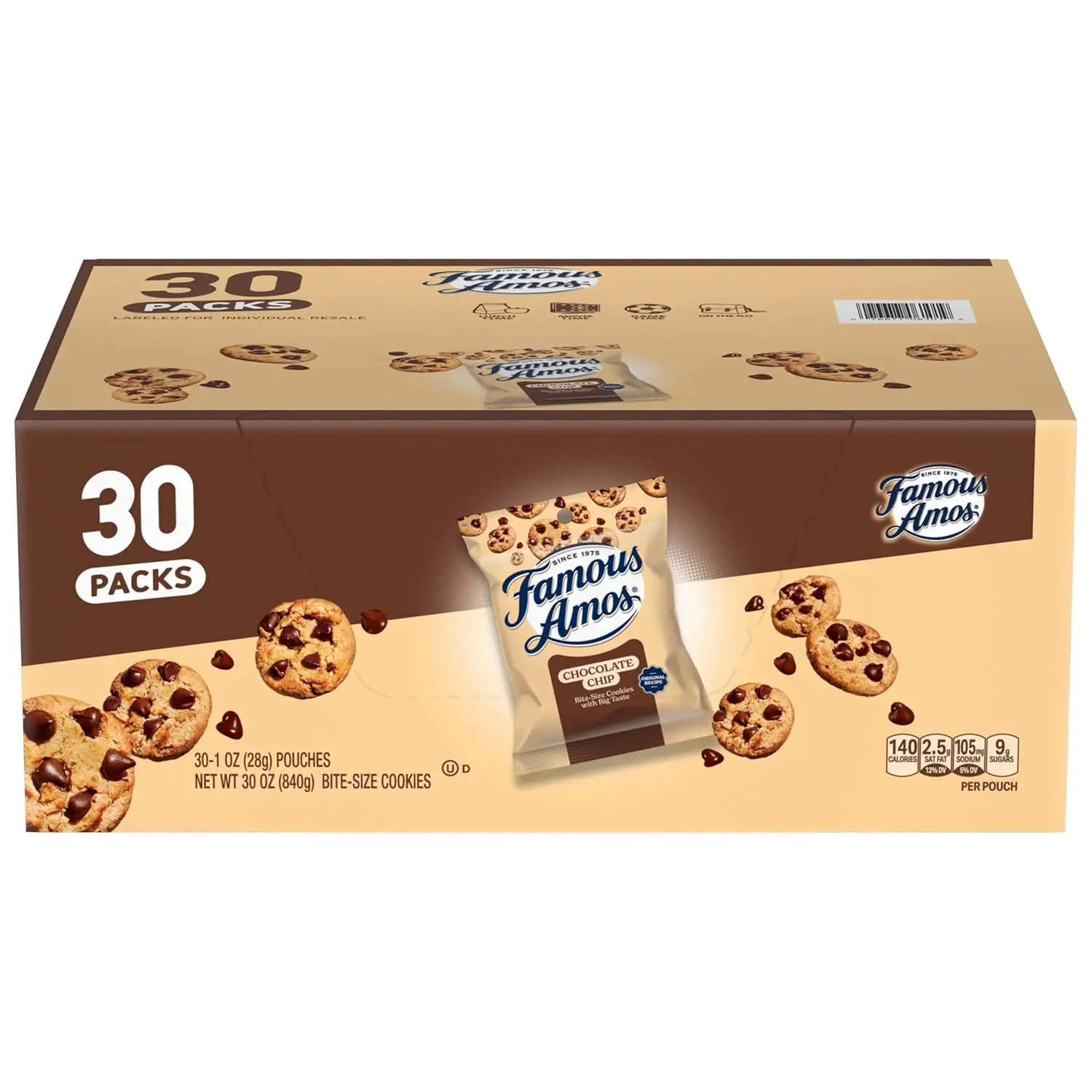 Famous Amos Original Recipe Semi-Sweet Chocolate Chip Bite-Size Cookies, 30-Pack Individually Wrapped Travel Cookie Party Pack Snack Boxes, 30 oz Natural Sweet Treats with Blackstrap Molasses, Snack Packs
