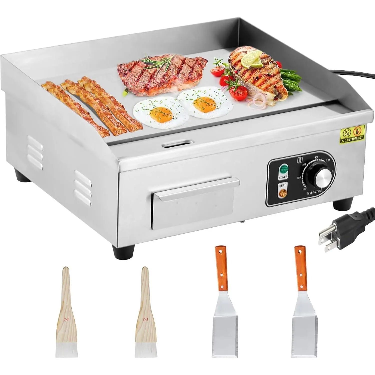 14'' Durable Stainless Steel Electric Countertop Griddle, 3000W Commercial Non-Stick Flat Top Grill, Adjustable Temp Control Teppanyaki Griddle for Restaurant Kitchen, 110V (No Plug)