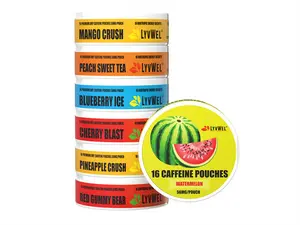 LyvWel 56mg Caffeine Pouches 5-pack Variety or solid flavors 896mg per can Lip pillows No Sugar, Energy Decky Boost Upper Decker blueberry ice, Pineapple, Cherry, Red gummy bear, Watermelon, Peach tea, Spearmint, Wintergreen, Mango crush, Pink lemonade