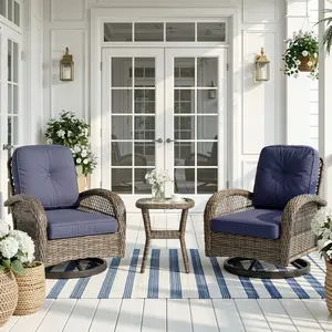 Hoomic 3-Piece Patio Furniture (2 Brown Rattan Chairs + Glass Table)-Waterproof Outdoor Swivel Glider Set with High-Density Cushions