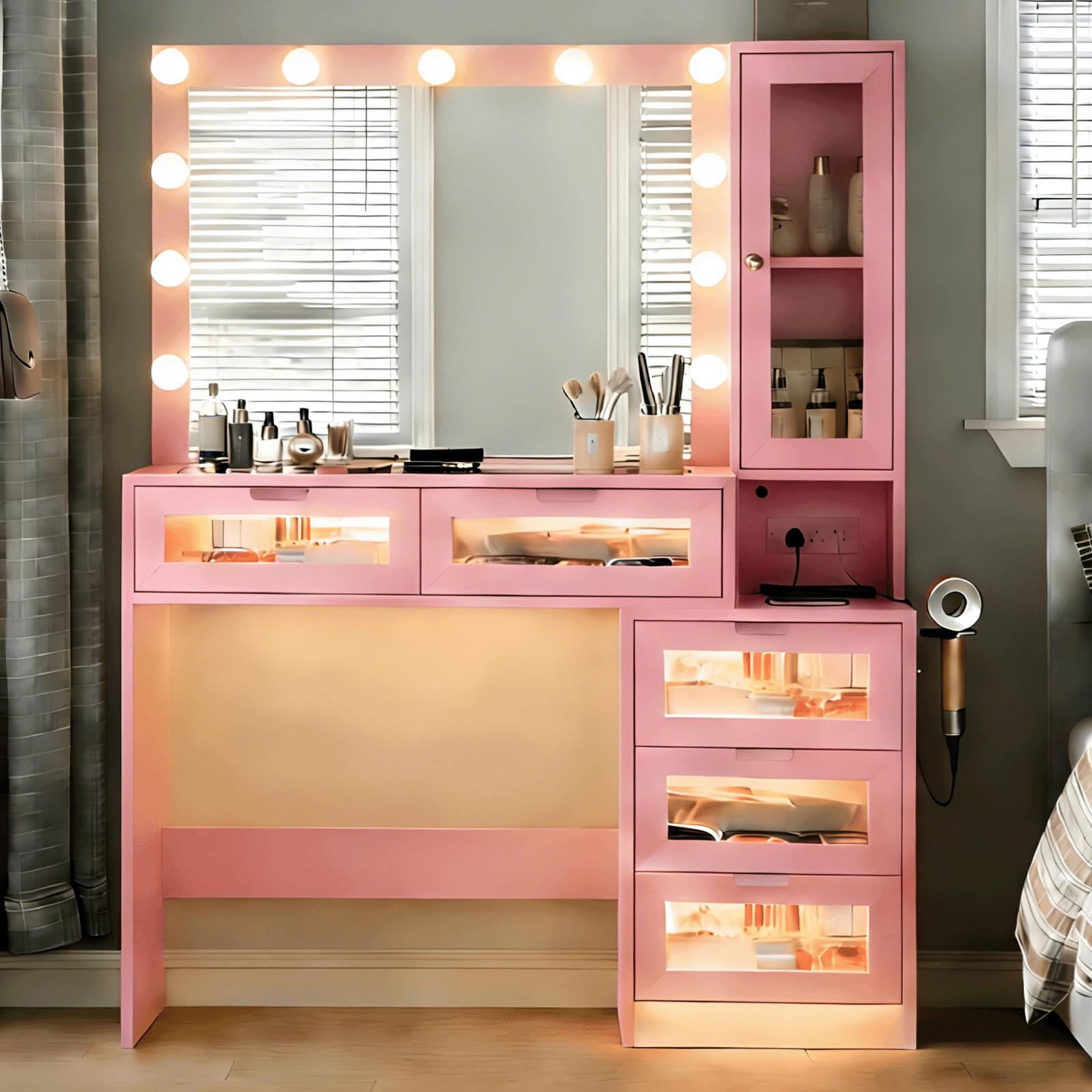 CollaredEagle Lighted Vanity Table - Modern LED Dresser, 11 LED Lights with 3 Adjustable Modes, 5 Transparent Glass Drawers, Glass Countertops, Power Outlets Equipped Makeup Vanity
