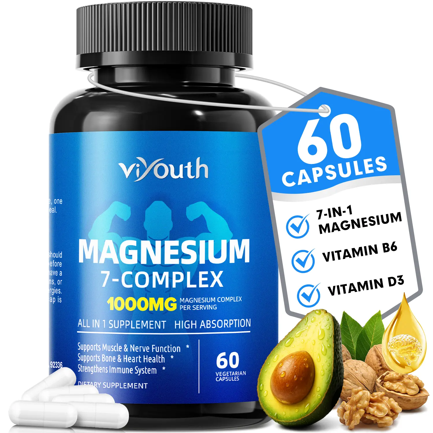 ViYouth 7-in-1 1000mg Magnesium Complex Dietary Supplement - Glycinate, Citrate, Malate, Aspartate, High Absorption, Sugar-Free, Gluten-Free, Third-Party Tested, Healthcare & Fitness Support, 60 Capsules