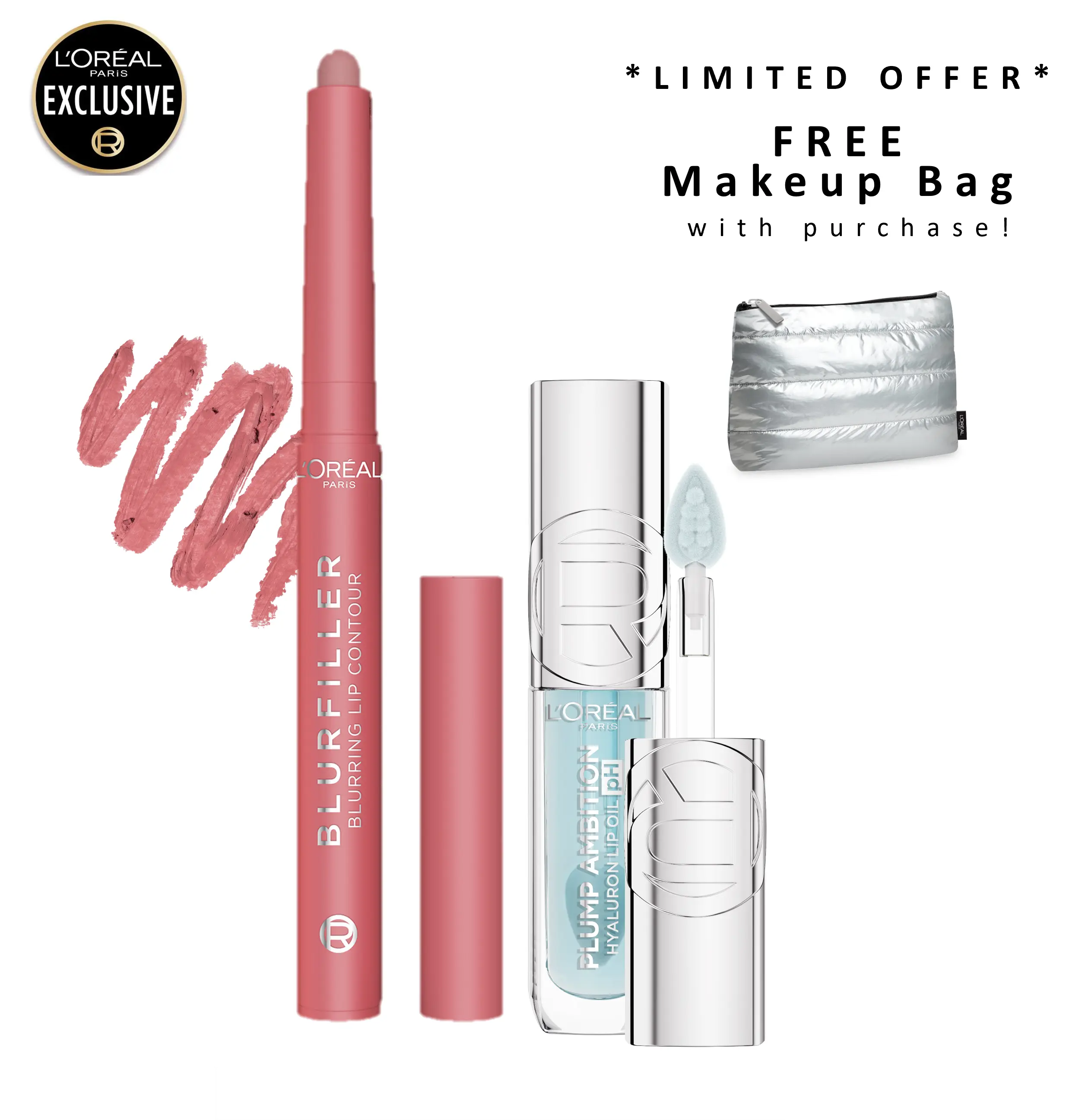 Blurfiller Blurring Lip Contour + Plump Ambition pH Hyaluron Lip Oil Duo, Pretty Girl Bundle, L'Oreal Paris