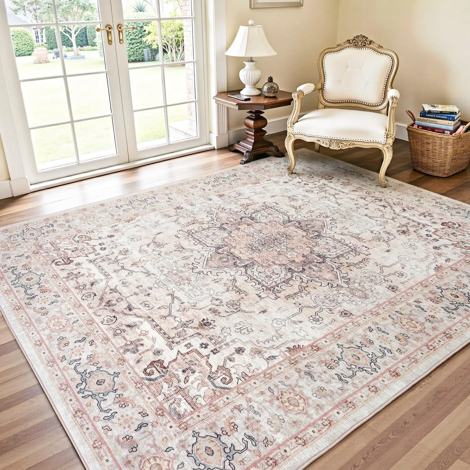 Area Rugs for Living Room, Washable Area Rug, Rugs for Bedroom, Kitchen, Vintage Boho Carpet, Soft Non-Slip, Low Pile Large Area Rug for Office Dining Room