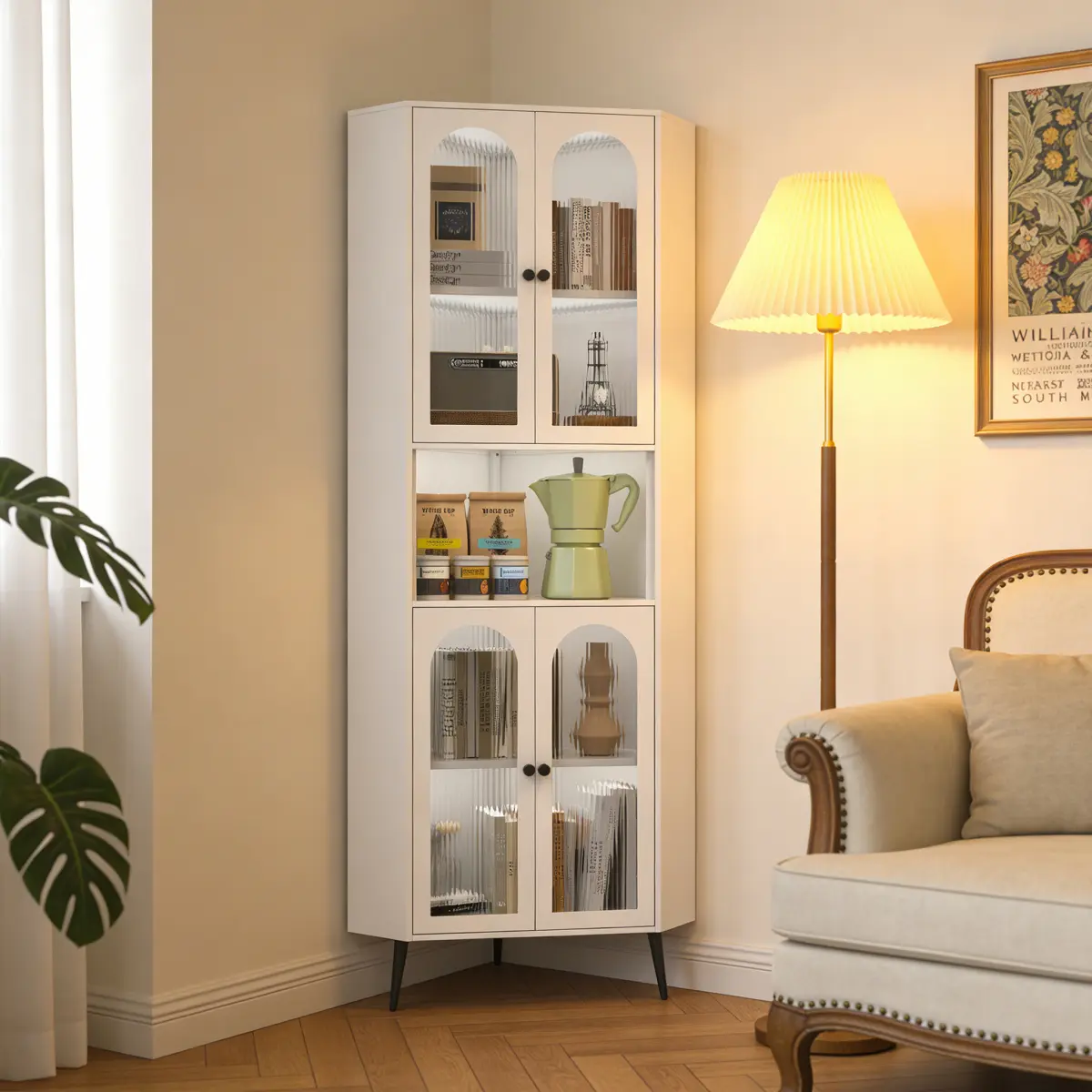 [Bellemave] 73" White Metal Corner Storage Cabinet with Doors & Adjustable Shelves, Space-Saving Organizer for Bathroom, Bedroom, Living Room, Office, White