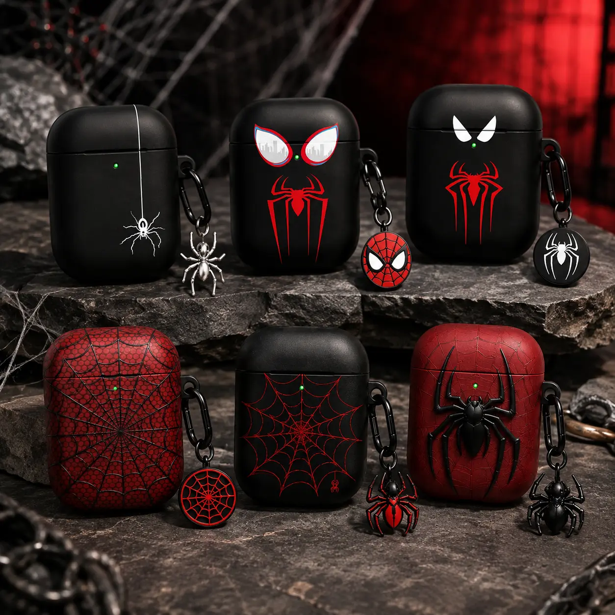 NO KEYCHAIN INCLUDED Spider Web AirPods Case, Red Black Spider Design Protective Cover, Gothic Earbuds Case, Halloween Gift for Men Women
