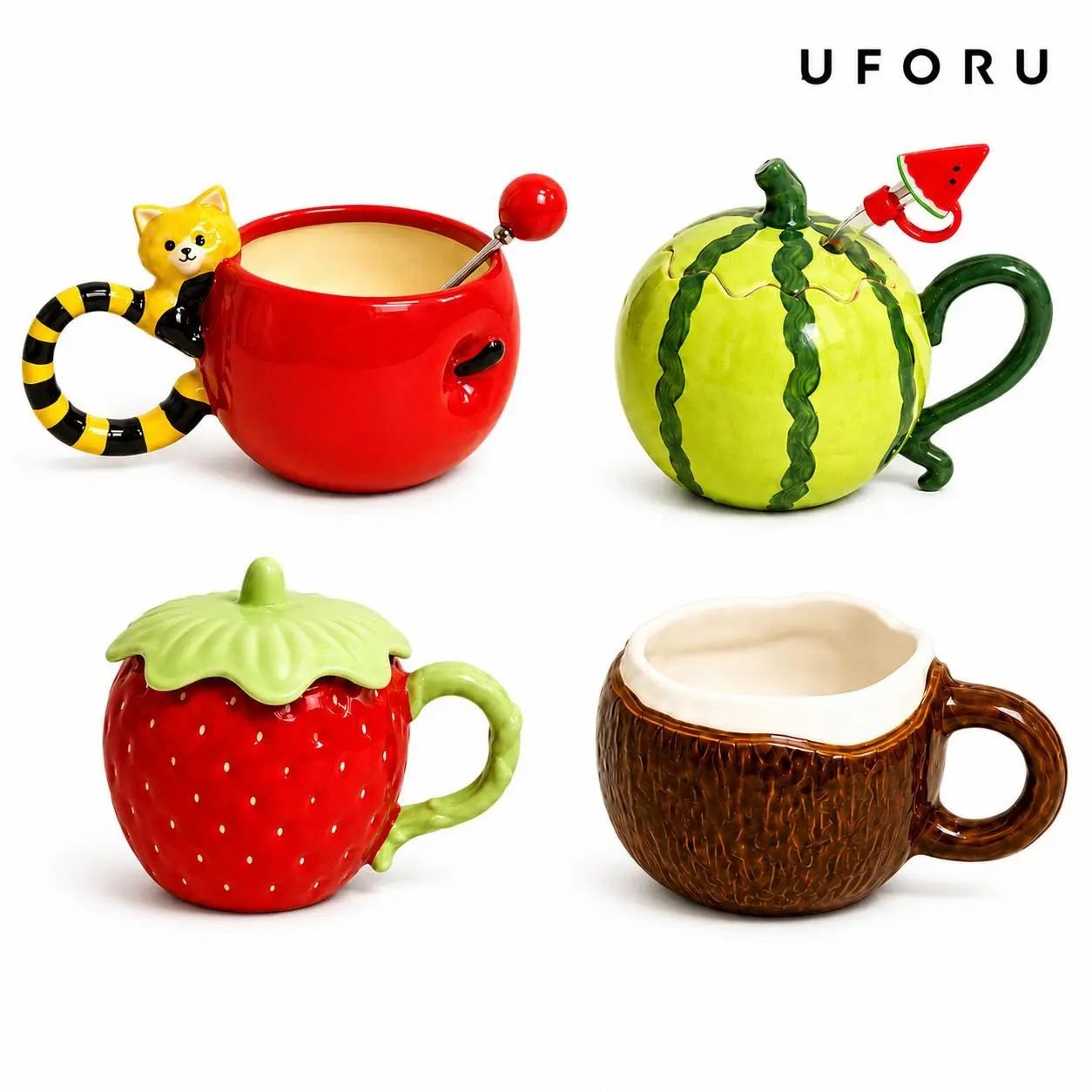 UFORU Cute and Creative Ceramic Mug Set, Strawberry/Watermelon/Coconut/Panda Coffee Cup with Lid/Straw/Spoon, Ceramic Cup Home, Microwave Dishwasher for Office Use, Instagram Style Cute Girl Gift#SummerWins#DFYD