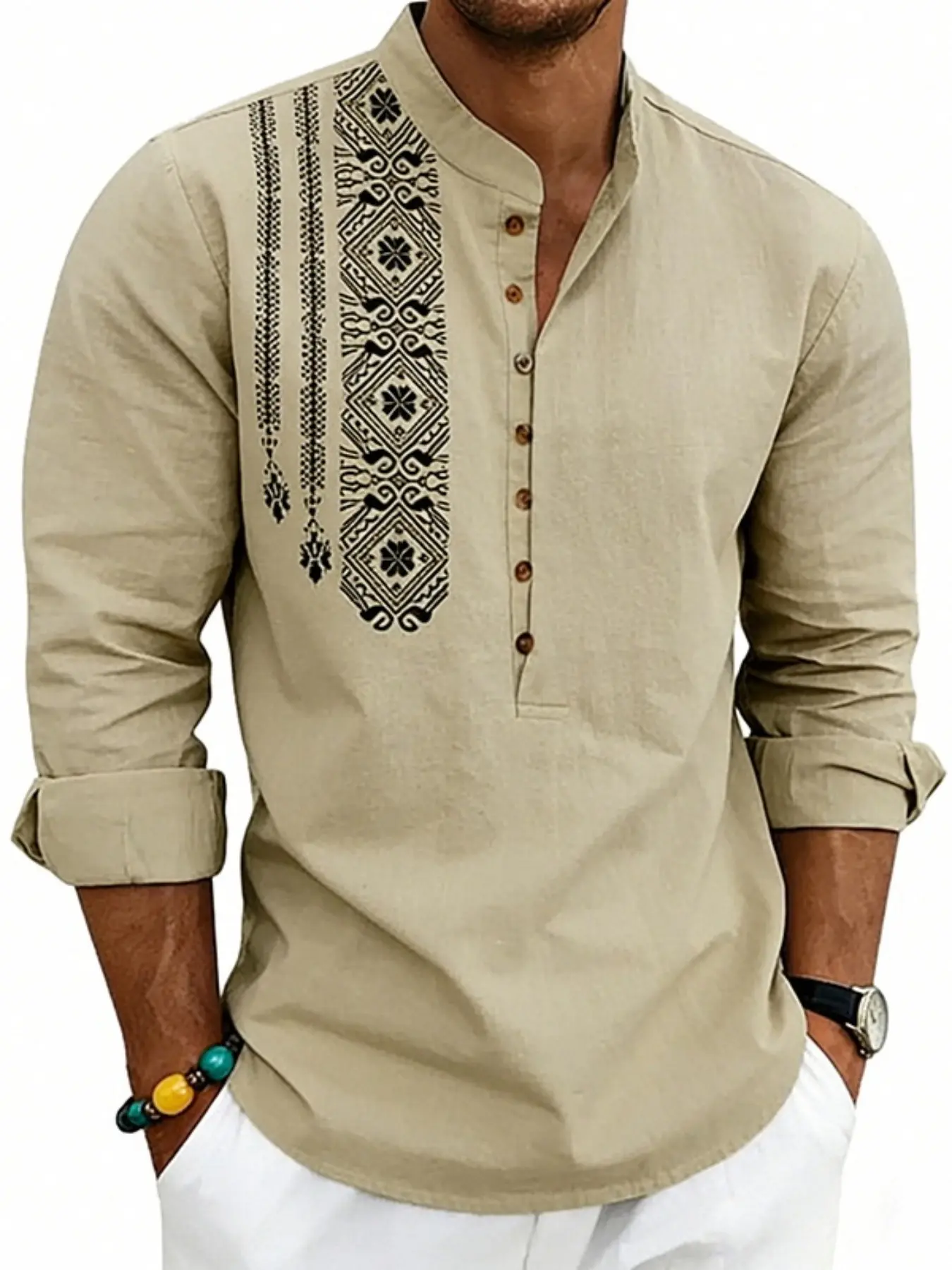 American Style Spring Summer Long Sleeve Loose Ethnic Plain Natural Linen Print Breathable Stand Collar Button Front Button Up Casual Shirt for Men Menswear