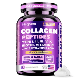 Megneta Collagen Peptides 5 Types Complex 2200mg- Hydrolyzed Protein Peptides (Type I,II,III,V,X) with Hyaluronic Acid, Zinc& Vitamin C US Made Dietary Supplement for Health Beauty Fitness 90 Capsules