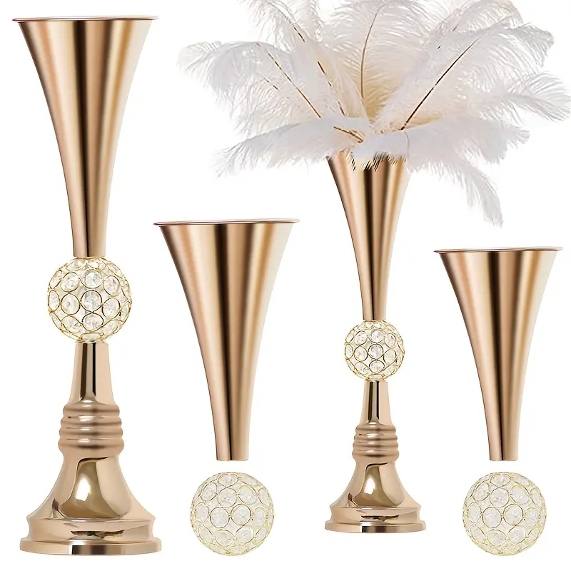 2-Piece Set of 22-in Glamorous Gold Cylindrical Vases - High-Geometric Crystal-Inlaid Rust-Resistant Metal, Feather-Ready, Ideal for Reception Tables, Gatsby-Themed Parties, Hotel Floral Arrangements, Two Piece Set, Feather‑Ready Vase