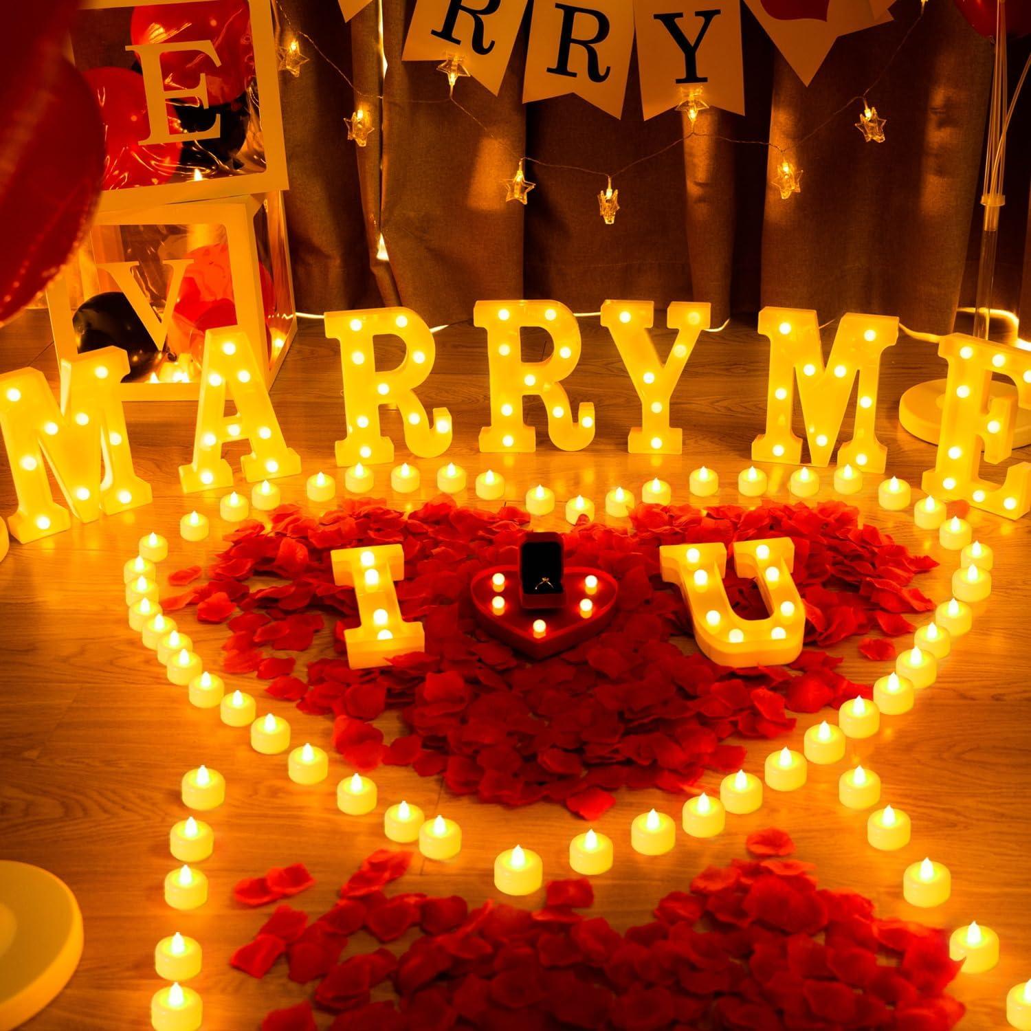 I Love U Light Up Letters Proposal Decorations with 24 Flameless Candles 1000 Red Rose Petals & 30 Red Balloons for Valentine's Day Wedding Romantic Night