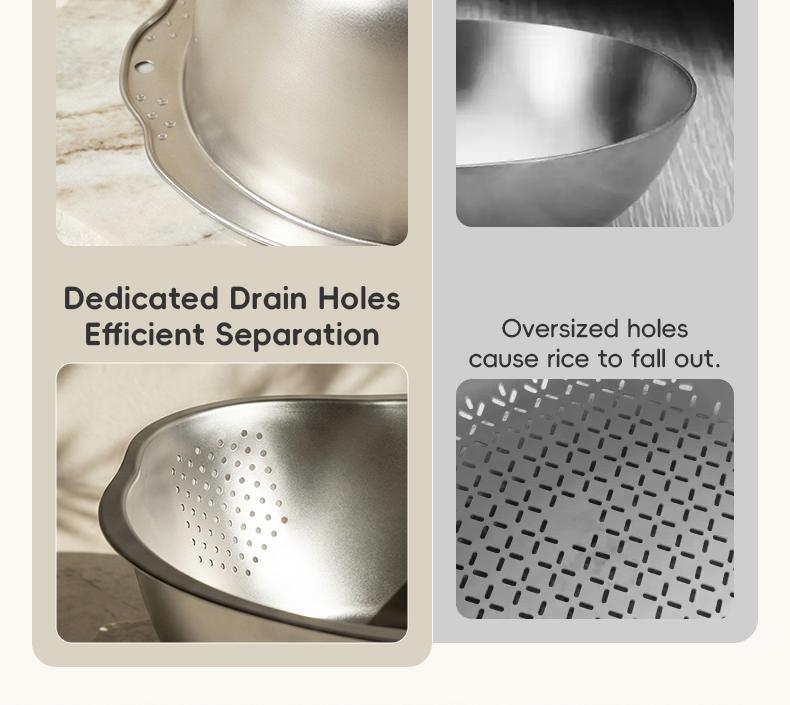 Rice Washer Strainer Bowl with Hook, Stainless Steel Washing Bowl with Side Drain Holes, Rinse Basket for Cleaning Quinoa, Fruits, Vegetables, and Beans – Multifunctional Kitchen Colander