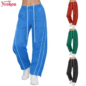 Yeokou Women's Chic Nylon Wide Leg Track Bottoms - Adjustable Drawstring Waist, Cinchable Hem, Lightweight Elastic Fabric, Pockets | Casual, Athletic Wear