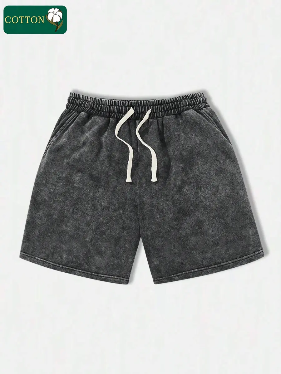 Men’s summer solid-color washed cotton athletic shorts—casual, loose fit with a drawstring waist and pockets; mood/vibe style, 2000s aesthetic. Suitable for running, golf, fishing, basketball, camping, gym workouts, swimming, and the beach.