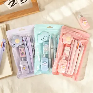 7 PCS Cute Kawaii Blue Stationery Set, Back to School Supplies Kit with Ballpoint Pens, Highlighter, Correction Tape, Ruler, Pencil Sharpener & Utility Knife, Aesthetic Desk Accessories, Student Essentials for School, Office & Classroom