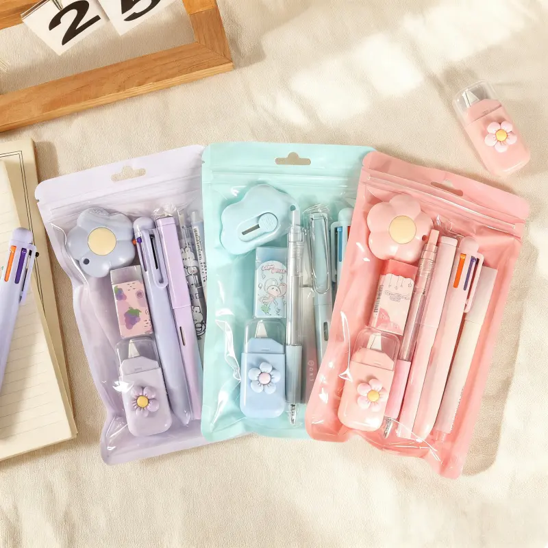 7 PCS Cute Kawaii Blue Stationery Set - Back to School Supplies Kit with Ballpoint Pens, Highlighter, Correction Tape, Ruler, Pencil Sharpener, Utility Knife - Back to School Shopping Essential, Office Accessories for Students, Elementary School, Learning