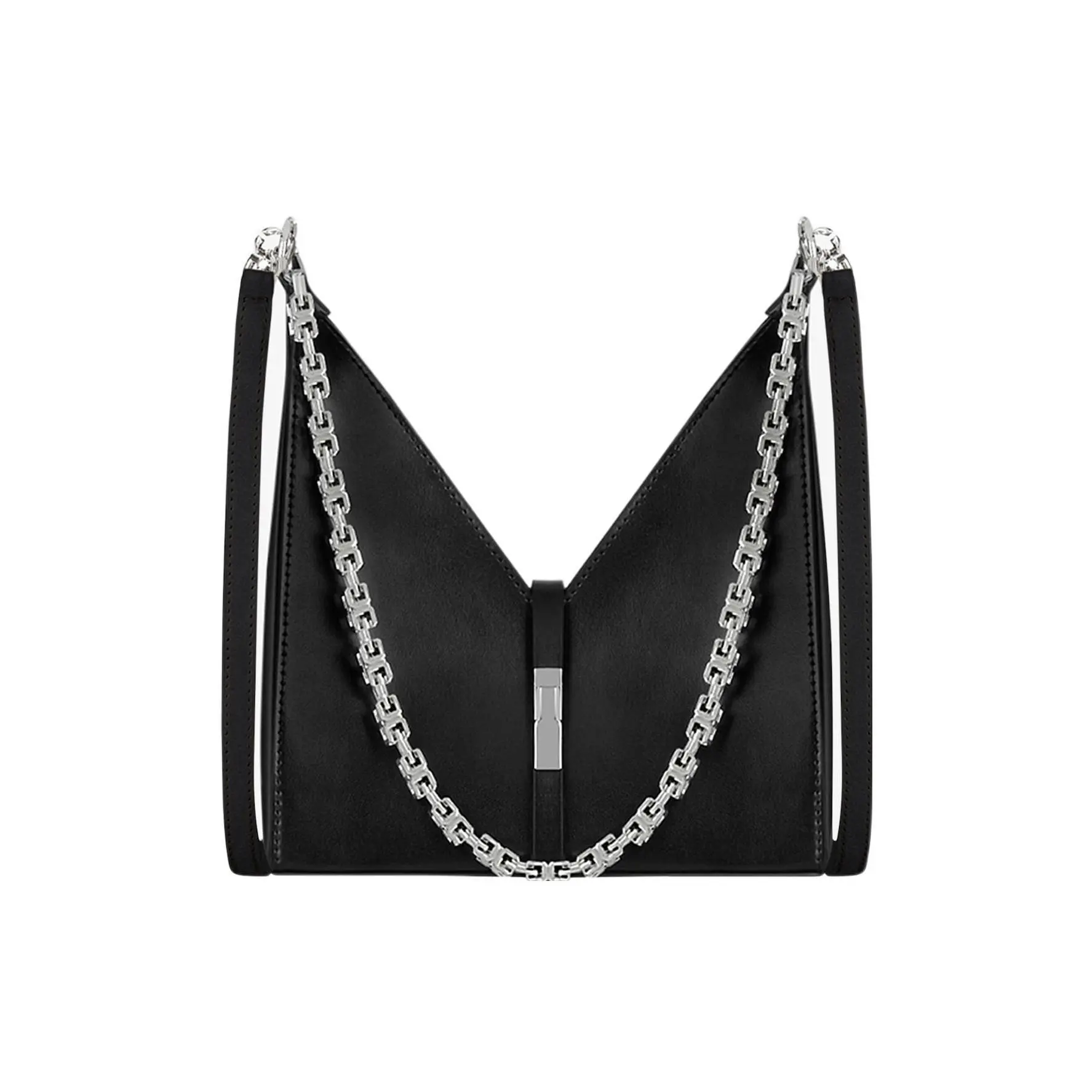 Givenchy Women's Small Black Smooth Calfskin Leather Shoulder Bag - Cut-Out Silver Metal G-Cube Chain Strap, Purse Shoulder Bag, Crossbody Carry