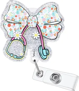 Cute Floral Bow Stethoscope Doctor Badge Reel | Funny Retractable ID Card Healthcare Badge Holder | Name Tag Medical Badge Clip for RN LPN CNA MA ER Night Shift Nurse Pediatrics Doctor Gifts | Acrylic