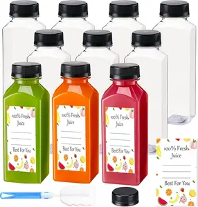Juice Bottles with Caps 10Pcs 12Oz, Plastic Bottleswith Caps, Clear Reusable Water Bottle, Used for Juicing Bottles, Smoothie Bottle, Juice Containers - with 10Pcs Labels & Bottle Brush BOOMIBOO