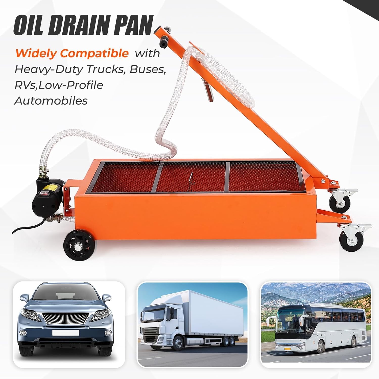 15/20GAL Oil Drain Pan with 110V Electric Pump, Metal Oil Change Pan Cart with 8FT Hose and Folding Handle, Durable and Portable for Cars SUVs Trucks Buses RVs, Orange