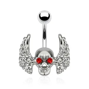 Winged Skull with Red CZ Crystal Eyes Belly Button Ring - Surgical Steel