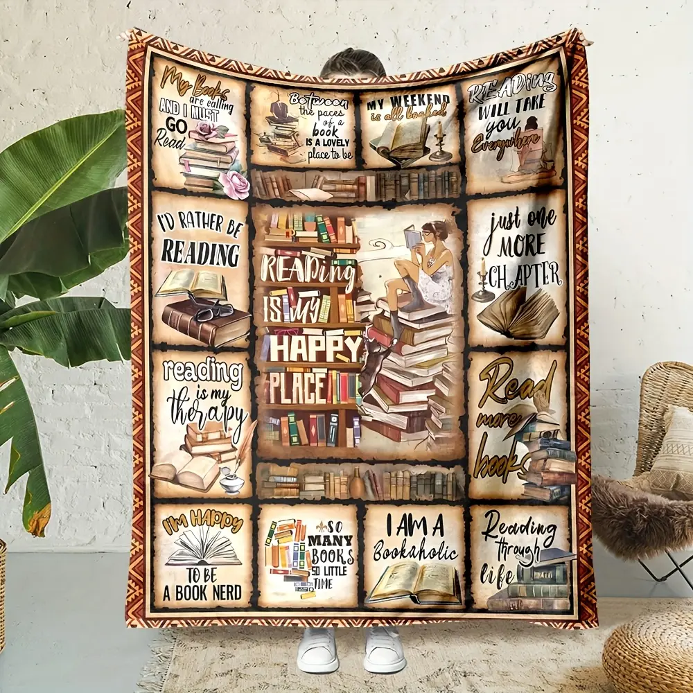 Vintage Book Lover's Flannel Throw Blanket - Inspiring Quotes, Cozy Reading Design, All-Season, Machine Washable, Mixed Colors, Ideal Gift; Blanket Throw for Warm Reading Nooks, Throw Blankets