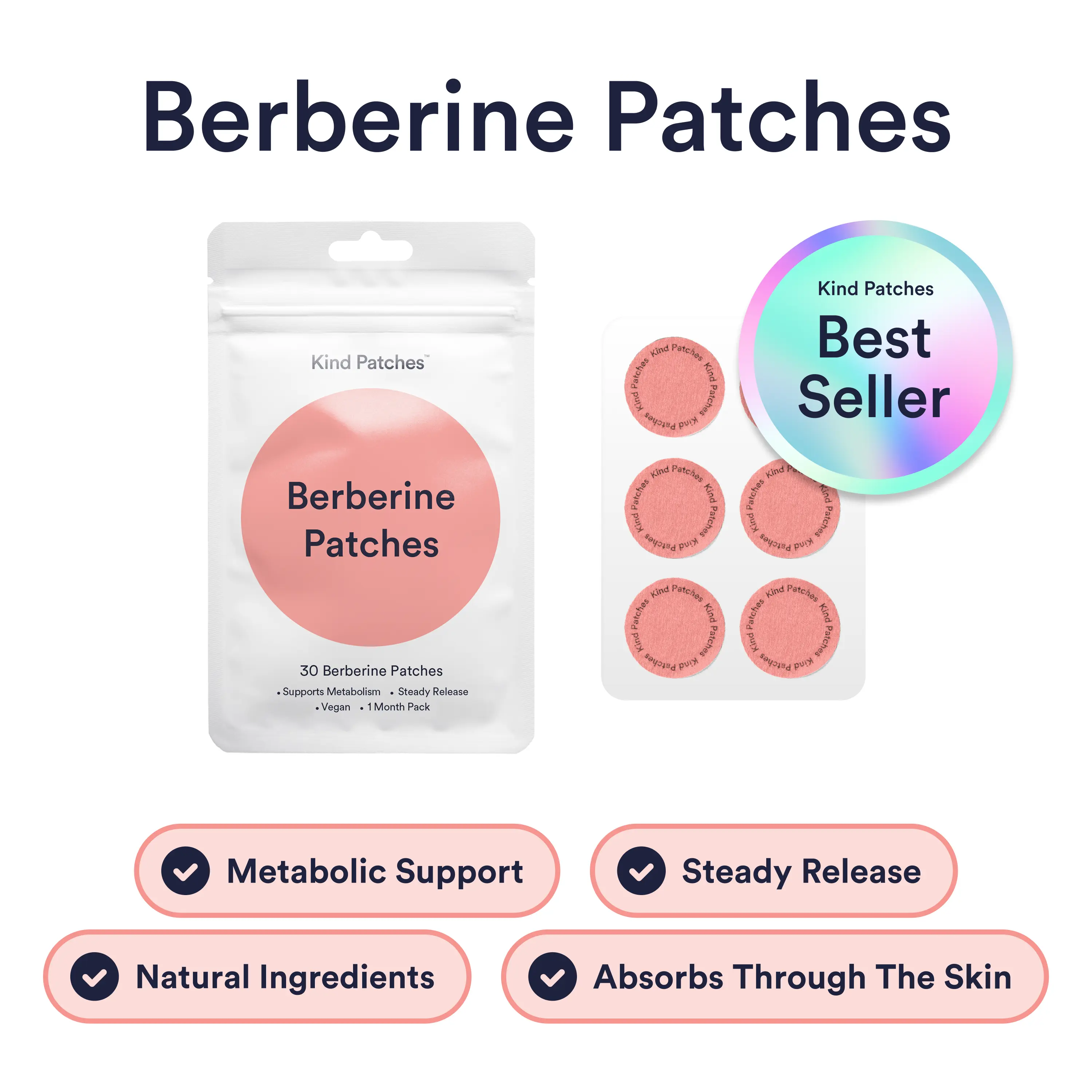 Kind Patches, 30-Day Berberine Patches, Berberine, Support Metabolism, Cinnamon Extract, 1 Month Supply